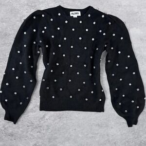 Filoro Black 100% Cashmere Puff Sleeve Bobble Pom Pom Sweater XS 2-Ply Knit